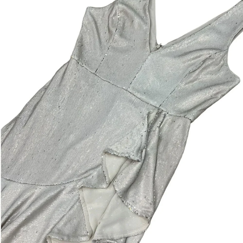 Badgley Mischka Champagne Ruffled Sequin Waterfall Gown 14